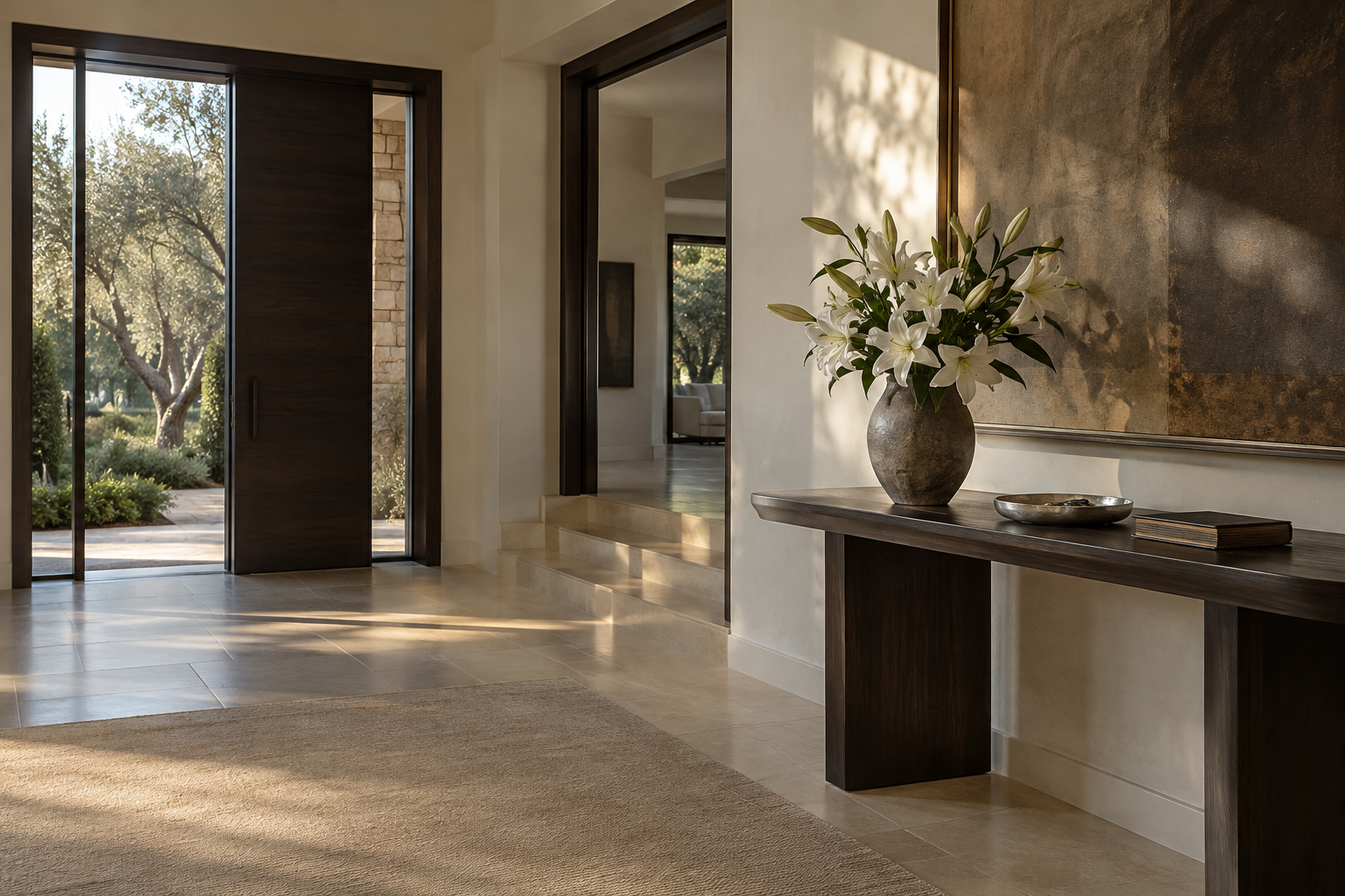 Serene private residence entry with white Casablanca lilies